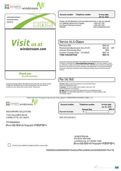 USA Windstream Holdings, Inc. business utility bill template in Word and PDF formats